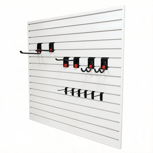 Alt view image 2 of 7 - PVC Slatwall Panel Kit, 4 ft Wall Storage System with Safety Lock Hooks Lightweight Water Resistant Panels Hidden