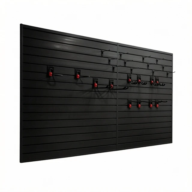 Alt view image 2 of 7 - PVC Slatwall Panel Kit, 4 8 ft Wall Storage System with Safety Lock Hooks Lightweight Water Resistant Panels Hidden