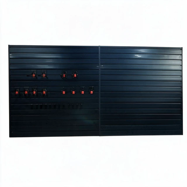 Main image of PVC Slatwall Panel Kit, 4 8 ft Wall Storage System with Safety Lock Hooks Lightweight Water Resistant Panels Hidden