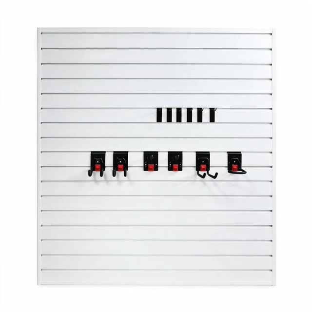 Main image of PVC Slatwall Panel Kit, 4 ft Wall Storage System with Safety Lock Hooks Lightweight Water Resistant Panels Hidden