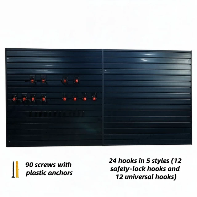 Alt view image 6 of 7 - PVC Slatwall Panel Kit, 4 8 ft Wall Storage System with Safety Lock Hooks Lightweight Water Resistant Panels Hidden
