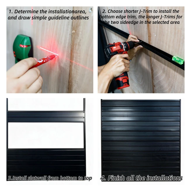 Alt view image 7 of 7 - PVC Slatwall Panel Kit, 4 8 ft Wall Storage System with Safety Lock Hooks Lightweight Water Resistant Panels Hidden