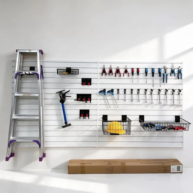 Alt view image 7 of 7 - PVC Slatwall Panel Kit, 4 8 ft Wall Storage System with Safety Lock Hooks Lightweight Water Resistant Panels Hidden