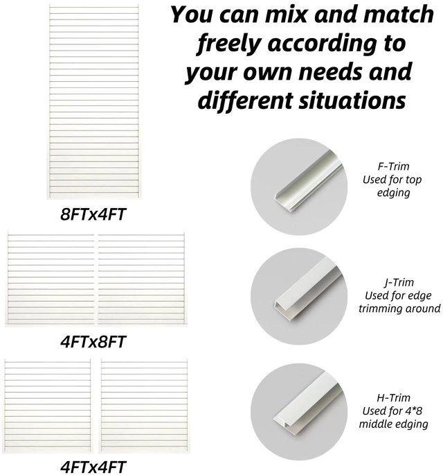 Alt view image 5 of 7 - PVC Slatwall Panel Kit, 4 8 ft Wall Storage System with Safety Lock Hooks Lightweight Water Resistant Panels Hidden