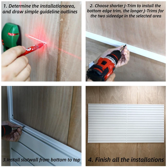 Alt view image 6 of 7 - PVC Slatwall Panel Kit, 4 8 ft Wall Storage System with Safety Lock Hooks Lightweight Water Resistant Panels Hidden