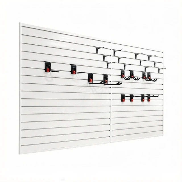 Alt view image 2 of 7 - PVC Slatwall Panel Kit, 4 8 ft Wall Storage System with Safety Lock Hooks Lightweight Water Resistant Panels Hidden