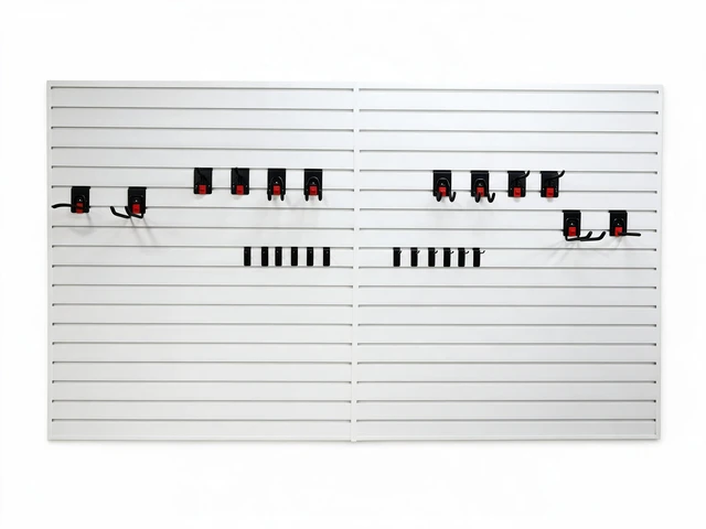 Main image of PVC Slatwall Panel Kit, 4 8 ft Wall Storage System with Safety Lock Hooks Lightweight Water Resistant Panels Hidden