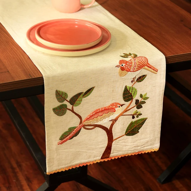 Main image of Bird Embroidered Table Runner 72 Inches Long for Dresser Dining Table Décor, Ivory, Cotton