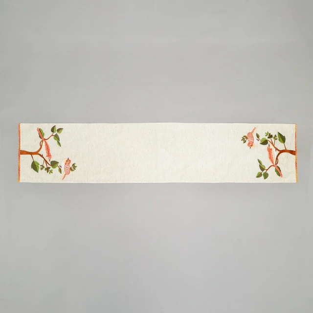 Alt view image 2 of 5 - Bird Embroidered Table Runner 72 Inches Long for Dresser Dining Table Décor, Ivory, Cotton