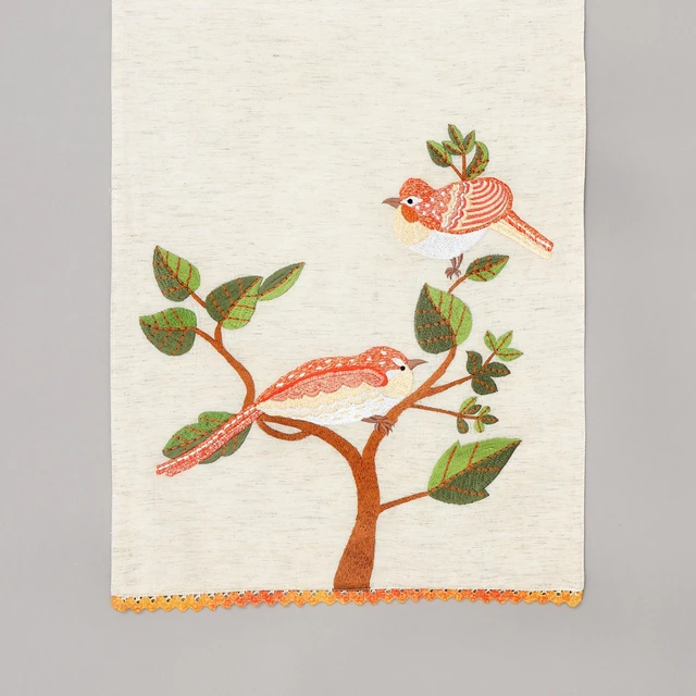 Alt view image 4 of 5 - Bird Embroidered Table Runner 72 Inches Long for Dresser Dining Table Décor, Ivory, Cotton