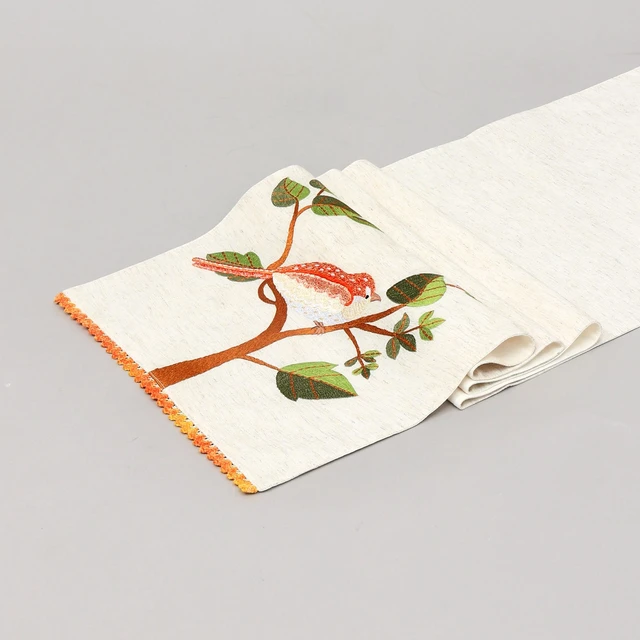 Alt view image 5 of 5 - Bird Embroidered Table Runner 72 Inches Long for Dresser Dining Table Décor, Ivory, Cotton