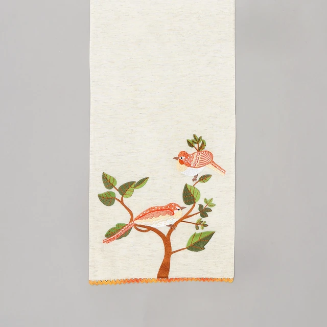 Alt view image 3 of 5 - Bird Embroidered Table Runner 72 Inches Long for Dresser Dining Table Décor, Ivory, Cotton
