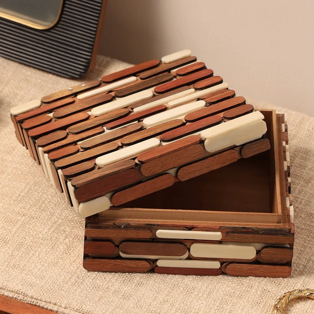Alt view image 3 of 5 - Handcrafted Reclaimed and Bone Jewelry Box Decorative Box Storage 6 6x3, Brown Beige, Wood and Bone