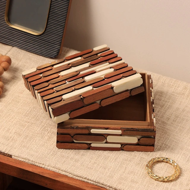 Main image of Handcrafted Reclaimed and Bone Jewelry Box Decorative Box Storage 6 6x3, Brown Beige, Wood and Bone