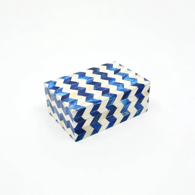 Alt view image 4 of 6 - Zany Zigzag Bone and MDF Box Decorative Storage Solution-6, Blue, Solid Wood, MDF and Resin