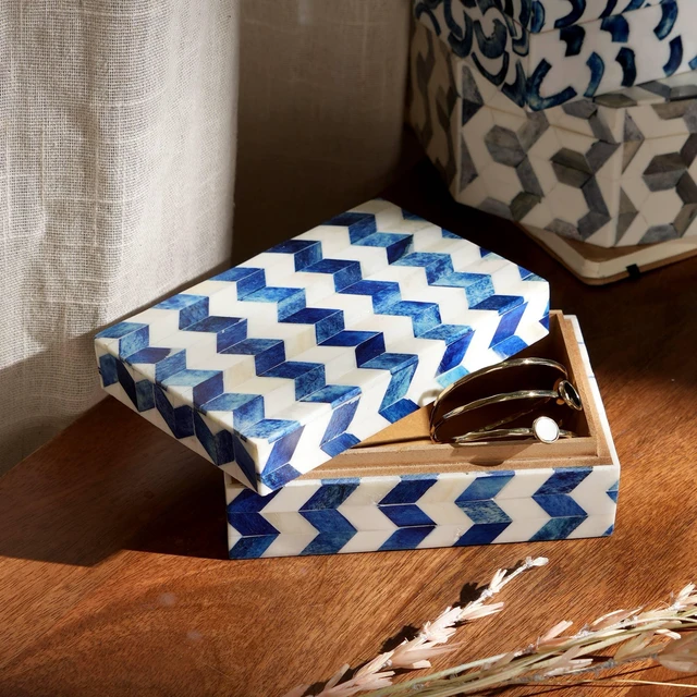 Main image of Zany Zigzag Bone and MDF Box Decorative Storage Solution-6, Blue, Solid Wood, MDF and Resin