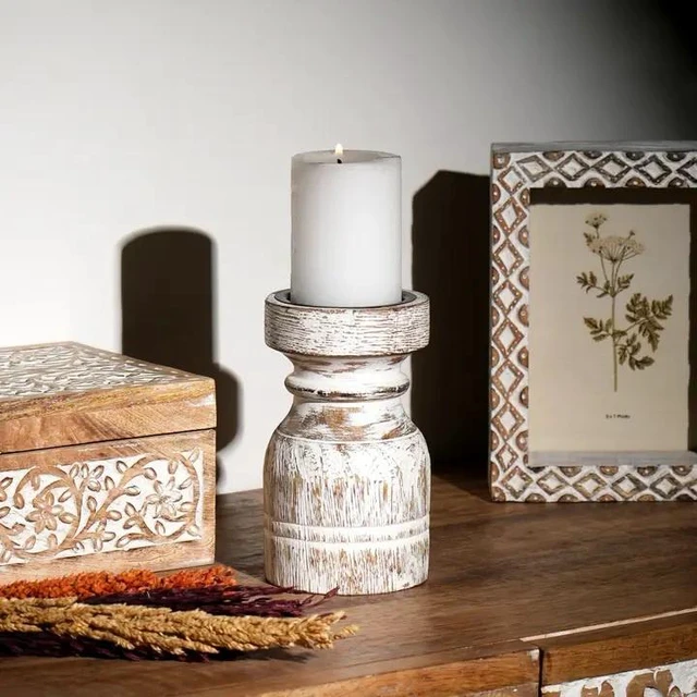 Main image of Decorative Wooden Centerpiece Candle Holder Candle Stand for Timeless Touch-3.5 3.5, White Washed, Wood