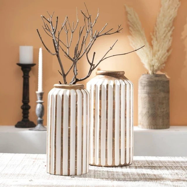 Main image of Wooden Decorative Handcrafted Accent Vase for Living 6, White, Wood