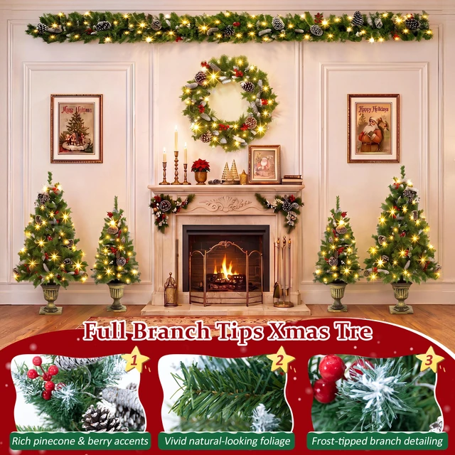 Alt view image 4 of 7 - 6 Piece Christmas Tree Set Trees with Bases, Pre Lit Wreath Garland White Lights Easy Shape and Wobble for Indoor
