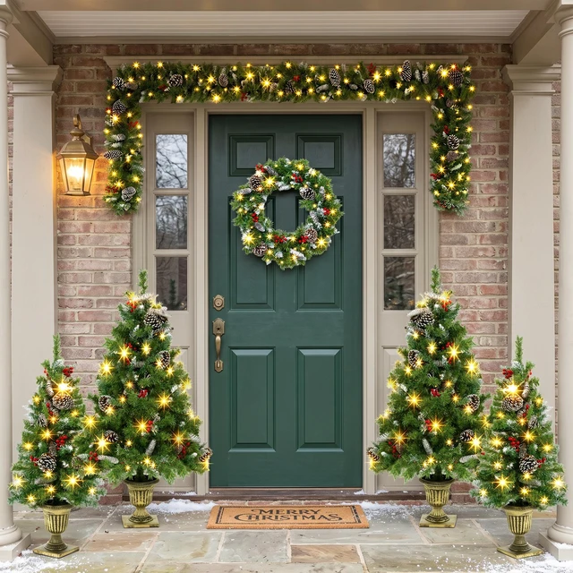 Main image of 6 Piece Christmas Tree Set Trees with Bases, Pre Lit Wreath Garland White Lights Easy Shape and Wobble for Indoor