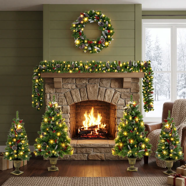 Alt view image 3 of 7 - 6 Piece Christmas Tree Set Trees with Bases, Pre Lit Wreath Garland White Lights Easy Shape and Wobble for Indoor