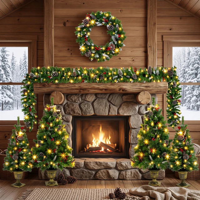 Alt view image 2 of 7 - 6 Piece Christmas Tree Set Trees with Bases, Pre Lit Wreath Garland White Lights Easy Shape and Wobble for Indoor