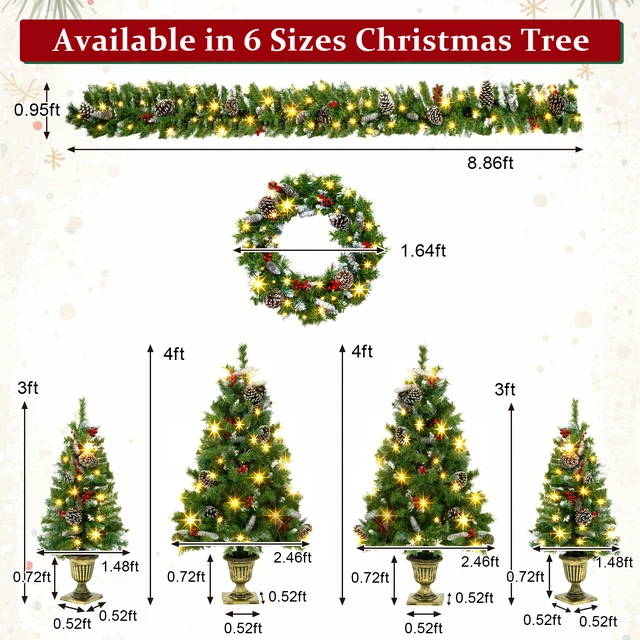 Alt view image 7 of 7 - 6 Piece Christmas Tree Set Trees with Bases, Pre Lit Wreath Garland White Lights Easy Shape and Wobble for Indoor