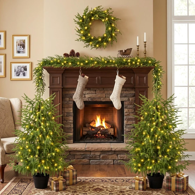 Main image of 4 Piece Christmas Tree Set Trees with Bases, Pre Lit Wreath Garland White Lights Easy Shape and Wobble for Indoor