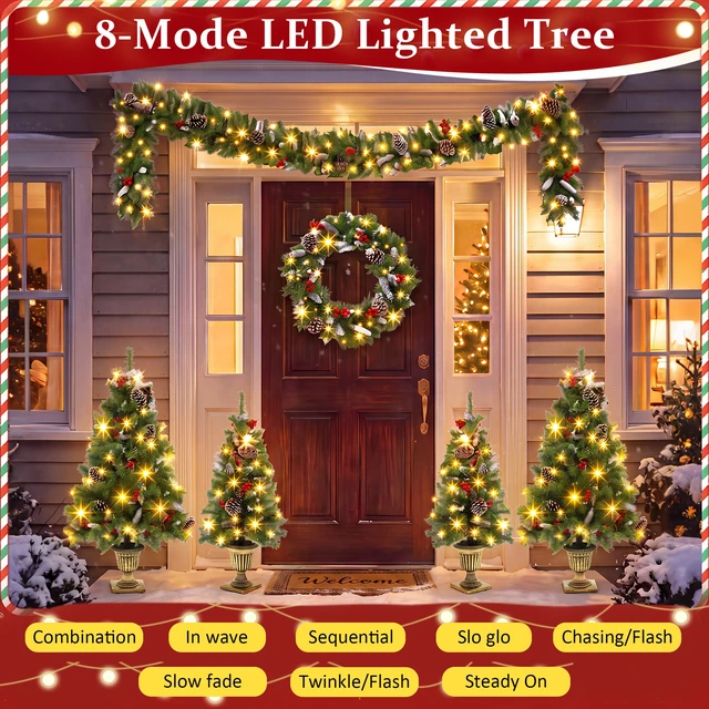Alt view image 6 of 7 - 6 Piece Christmas Tree Set Trees with Bases, Pre Lit Wreath Garland White Lights Easy Shape and Wobble for Indoor