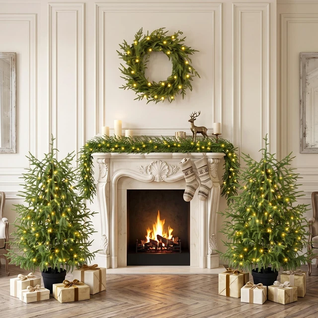 Alt view image 2 of 7 - 4 Piece Christmas Tree Set Trees with Bases, Pre Lit Wreath Garland White Lights Easy Shape and Wobble for Indoor