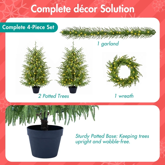 Alt view image 5 of 7 - 4 Piece Christmas Tree Set Trees with Bases, Pre Lit Wreath Garland White Lights Easy Shape and Wobble for Indoor