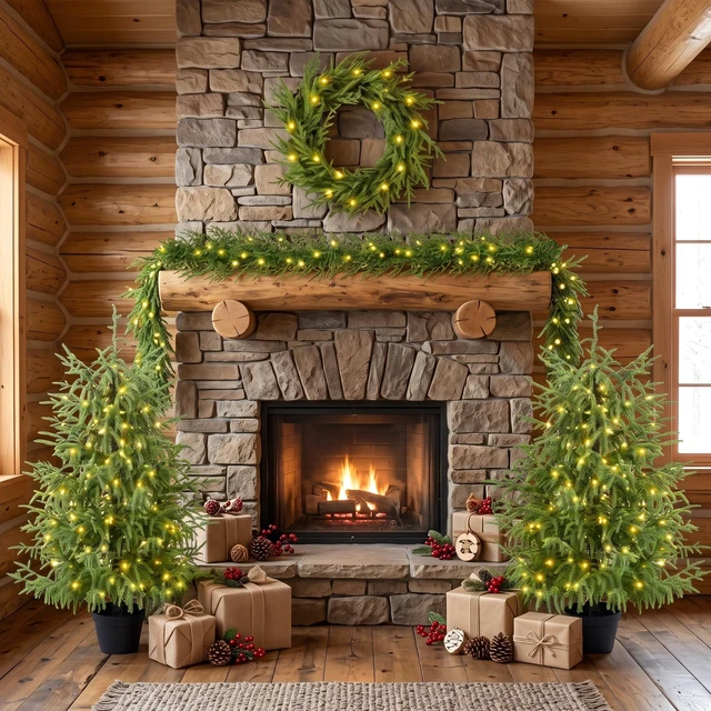 Alt view image 3 of 7 - 4 Piece Christmas Tree Set Trees with Bases, Pre Lit Wreath Garland White Lights Easy Shape and Wobble for Indoor