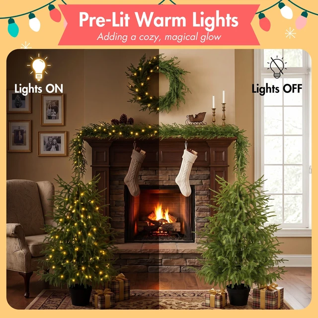 Alt view image 6 of 7 - 4 Piece Christmas Tree Set Trees with Bases, Pre Lit Wreath Garland White Lights Easy Shape and Wobble for Indoor
