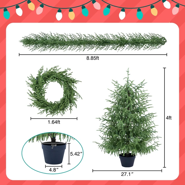 Alt view image 7 of 7 - 4 Piece Christmas Tree Set Trees with Bases, Pre Lit Wreath Garland White Lights Easy Shape and Wobble for Indoor