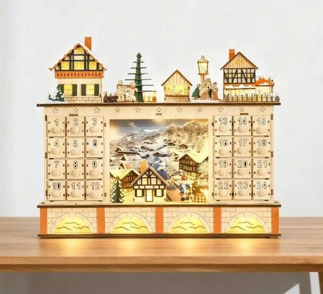 Main image of Table Xmas Wooden Store Holiday Decoration, Christmas Advent Calendar with Countdown Drawer Village, Natural, Plywood