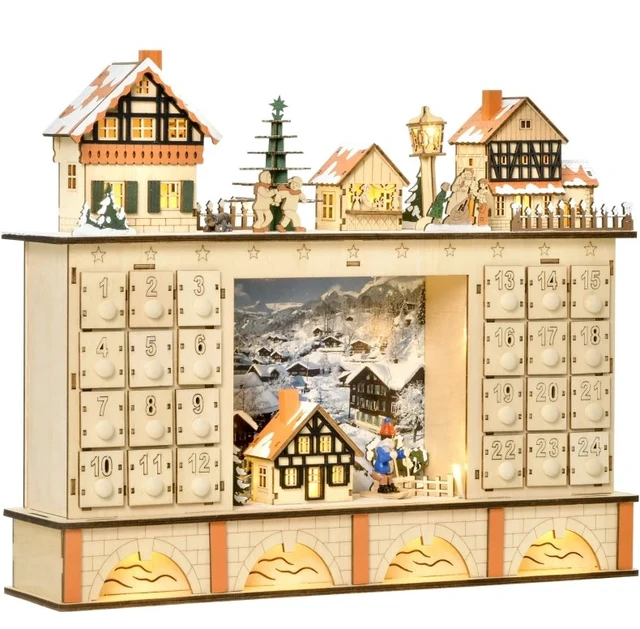 Alt view image 2 of 7 - Table Xmas Wooden Store Holiday Decoration, Christmas Advent Calendar with Countdown Drawer Village, Natural, Plywood