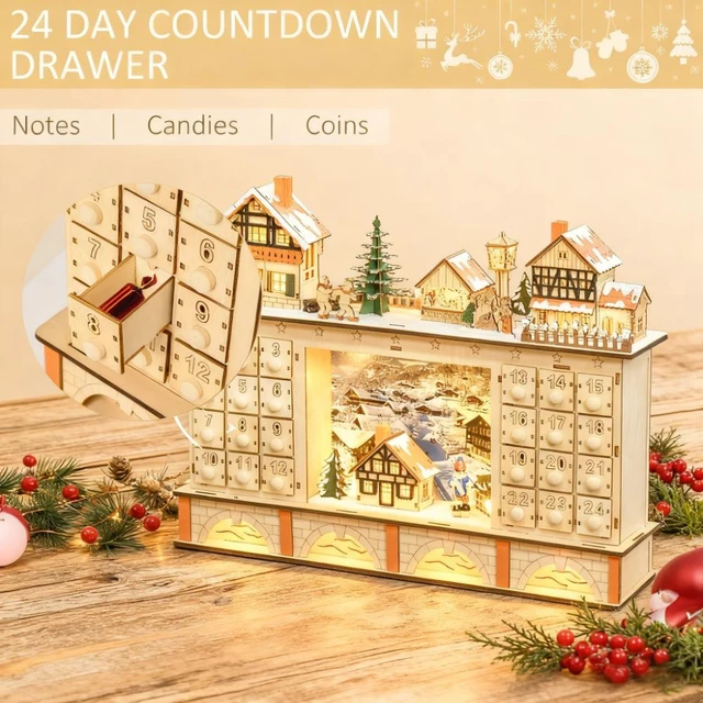 Alt view image 6 of 7 - Table Xmas Wooden Store Holiday Decoration, Christmas Advent Calendar with Countdown Drawer Village, Natural, Plywood