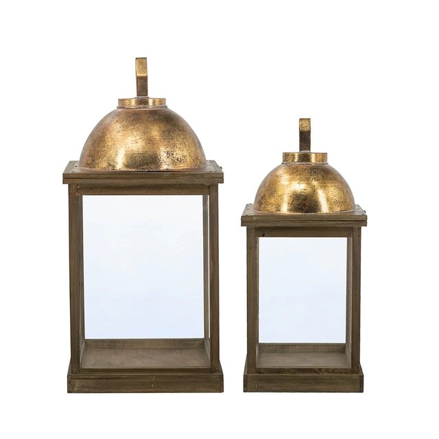Alt view image 3 of 7 - Wooden Lanterns with Clear Glass Panels and Gold Metal Dome Accents, l 14 28.5 Inch 11 Brown Gold, Glass