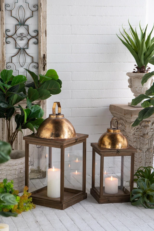 Main image of Wooden Lanterns with Clear Glass Panels and Gold Metal Dome Accents, l 14 28.5 Inch 11 Brown Gold, Glass