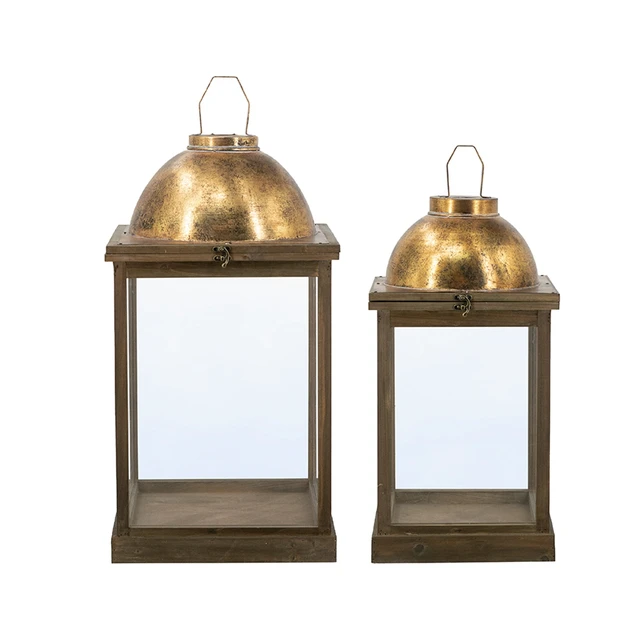 Alt view image 2 of 7 - Wooden Lanterns with Clear Glass Panels and Gold Metal Dome Accents, l 14 28.5 Inch 11 Brown Gold, Glass