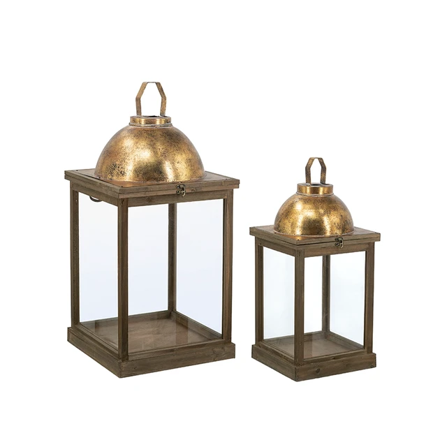 Alt view image 4 of 7 - Wooden Lanterns with Clear Glass Panels and Gold Metal Dome Accents, l 14 28.5 Inch 11 Brown Gold, Glass