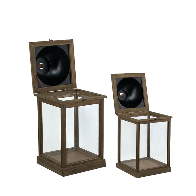 Alt view image 5 of 7 - Wooden Lanterns with Clear Glass Panels and Gold Metal Dome Accents, l 14 28.5 Inch 11 Brown Gold, Glass