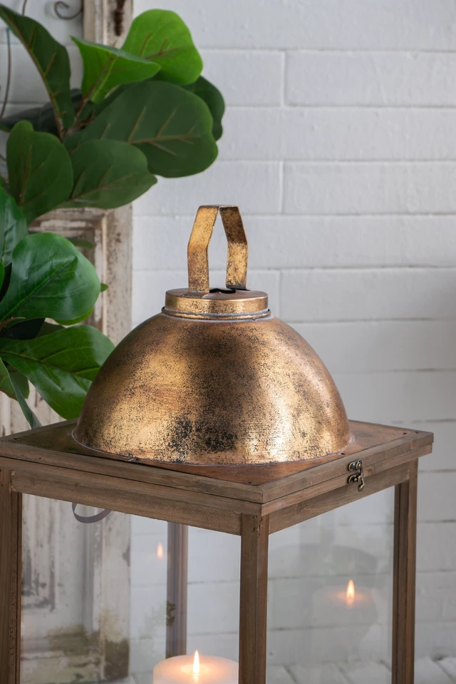 Alt view image 7 of 7 - Wooden Lanterns with Clear Glass Panels and Gold Metal Dome Accents, l 14 28.5 Inch 11 Brown Gold, Glass