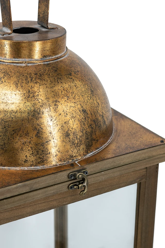 Alt view image 6 of 7 - Wooden Lanterns with Clear Glass Panels and Gold Metal Dome Accents, l 14 28.5 Inch 11 Brown Gold, Glass