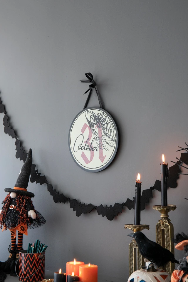Alt view image 7 of 7 - Set, 12 Inch Halloween Circle Sign, Multi, ABS, MDF and Polyester