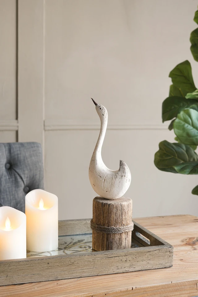 Main image of 3.9 14 Inch Paulownia Swan Sculpture Brown Base, Brown Antique White, Wood