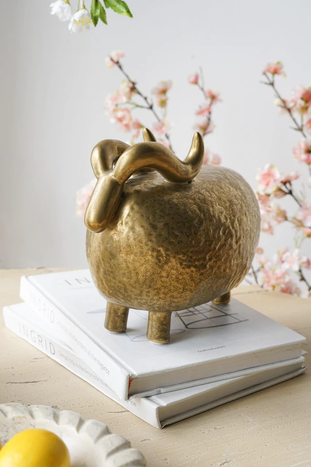 Main image of 8.3 5.1 7.5 Inch Ceramic Ram Sculpture Hammered Texture Sheep Statue, Gold