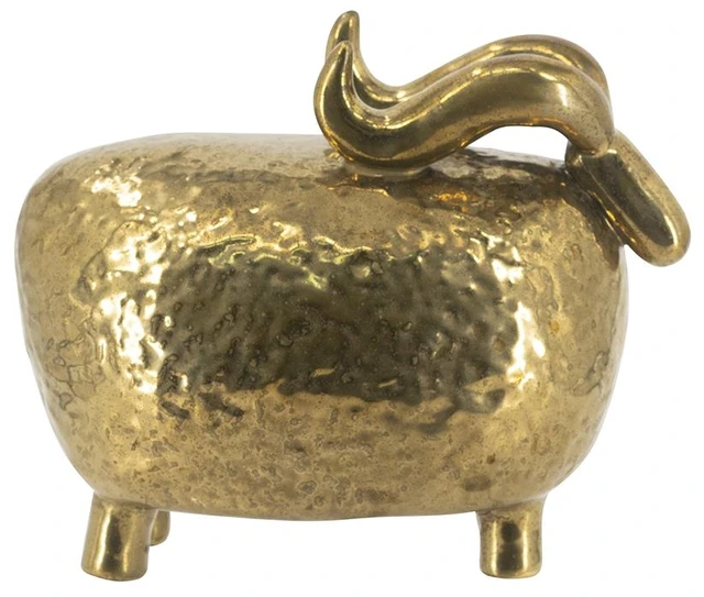 Alt view image 5 of 7 - 8.3 5.1 7.5 Inch Ceramic Ram Sculpture Hammered Texture Sheep Statue, Gold