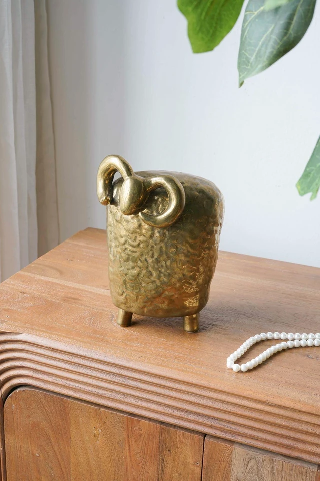 Main image of 6.9 5.5 9.6 Inch Ceramic Ram Sculpture Hammered Texture Sheep Statue, Gold