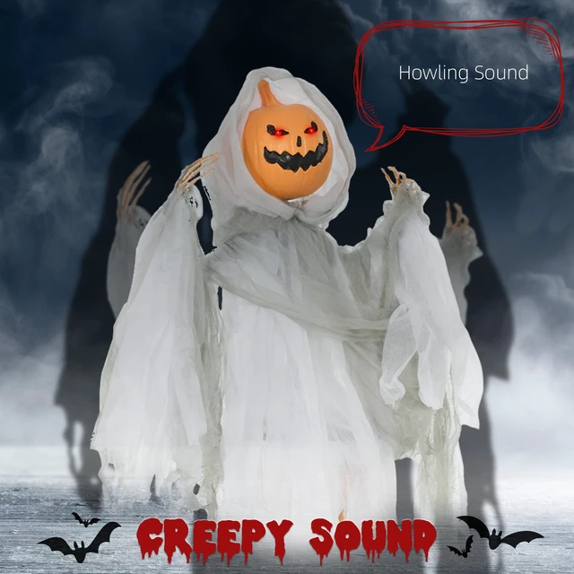 Alt view image 6 of 7 - Outdoor Hanging Halloween Decoration, Pumpkin Ghost Sound Activated Prop with Eyes and Creepy Howling Sounds, Green